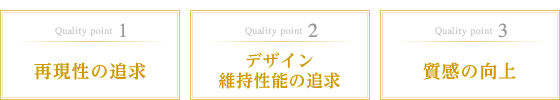 1安全性の追求　2デザイン維持性能の追求　3質感の向上